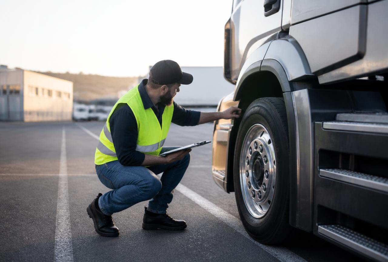 Professional driver in a high-visibility vest performing a pre-trip inspection on a tractor wheel