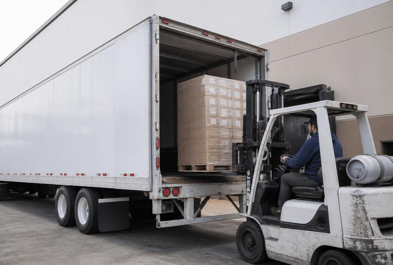 Palletized general freight being loaded into a dry van trailer at a warehouse loading dock