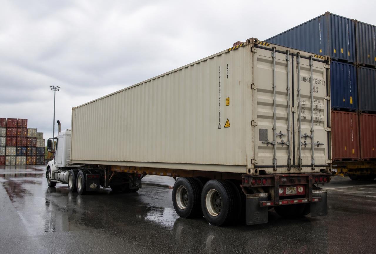 Intermodal shipping container on a chassis at an inland container terminal